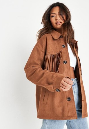 brown faux suede fringed shacket - flipped