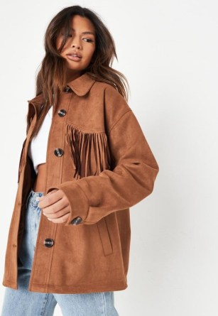 brown faux suede fringed shacket