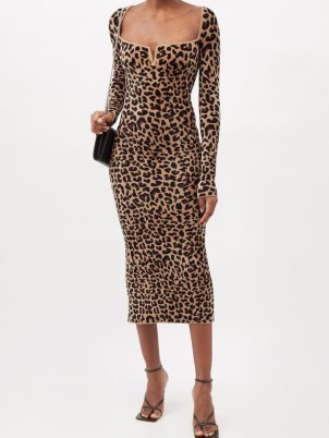 GALVAN Freya leopard-print cutout midi dress ~ glamorous brown and black animal spot dresses ~ evening glamour