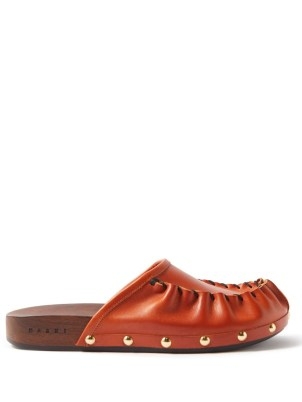 MARNI Gathered-leather backless loafers | women’s brown studded clog style loafer shoes - flipped