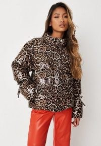 MISSGUIDED brown leopard print vinyl puffer coat – glamorous high neck padded animal printed jackets