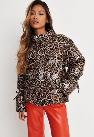 MISSGUIDED brown leopard print vinyl puffer coat – glamorous high neck padded animal printed jackets - flipped