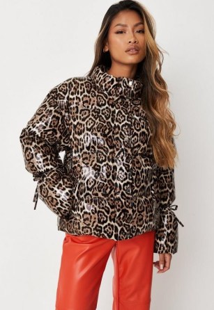 MISSGUIDED brown leopard print vinyl puffer coat – glamorous high neck padded animal printed jackets