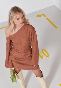 MISSGUIDED brown seersucker textured ruched mini dress ~ long sleeved one shoulder dresses ~ asymmetric fashion