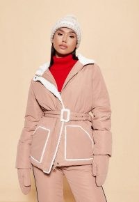 MISSGUIDED camel msgd sports borg teddy lined ski puffer jacket with mittens – womens winter outdoor sportswear jackets – women’s padded belted waist outerwear