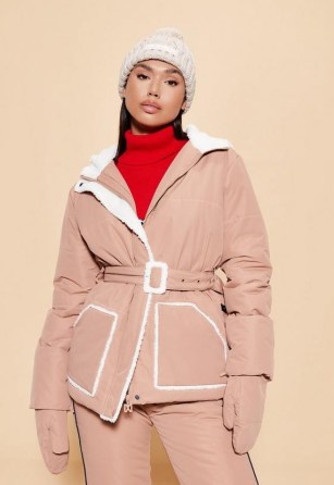 MISSGUIDED camel msgd sports borg teddy lined ski puffer jacket with mittens – womens winter outdoor sportswear jackets – women’s padded belted waist outerwear