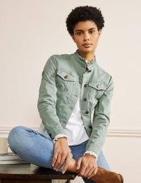 Carla Ruffle Collar Jacket Iceberg Green | women’s ruffled denim jackets