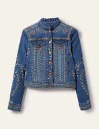 Boden Carla Ruffle Collar Jacket Light Vintage Embroidered / women’s blue denim floral jackets