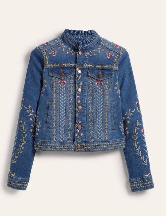 Boden Carla Ruffle Collar Jacket Light Vintage Embroidered / women’s blue denim floral jackets - flipped