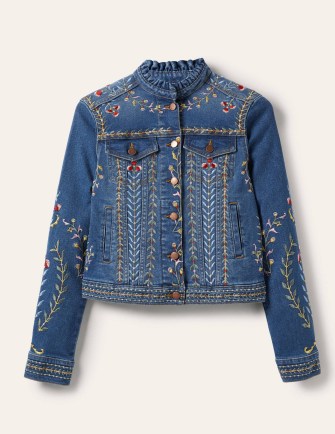 Boden Carla Ruffle Collar Jacket Light Vintage Embroidered / women’s blue denim floral jackets