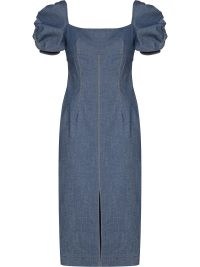 Carolina Herrera puff-sleeve denim dress | women’s designer fashion | blue square neck cut out back dresses