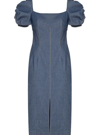 Carolina Herrera puff-sleeve denim dress | women’s designer fashion | blue square neck cut out back dresses - flipped