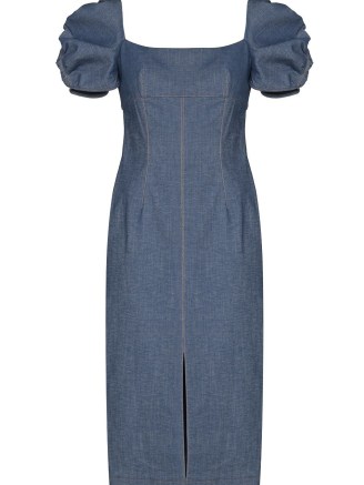 Carolina Herrera puff-sleeve denim dress | women’s designer fashion | blue square neck cut out back dresses