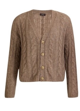 ME and EM Cashmere Silk Cable Knit Cardigan in Hazelnut ~ women’s luxe brown drop shoulder front button cardigans - flipped