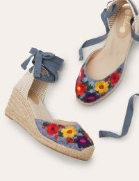 Cassie Espadrille Wedges Chambray Embroidery | blue denim floral embroidered wedged sandals | ankle tie wedge heels