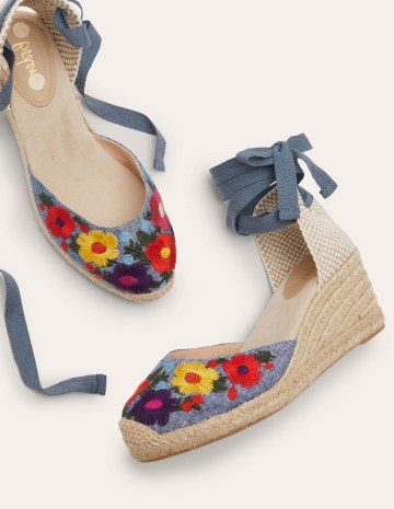 Cassie Espadrille Wedges Chambray Embroidery | blue denim floral embroidered wedged sandals | ankle tie wedge heels - flipped