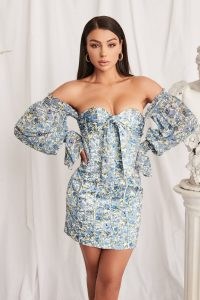 lavish alice chiffon and bonded satin balloon sleeve mini dress in blue floral ~ romance inspired party fashion ~ floral off the shoulder dresses