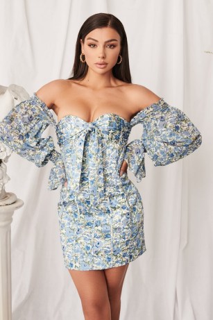 lavish alice chiffon and bonded satin balloon sleeve mini dress in blue floral ~ romance inspired party fashion ~ floral off the shoulder dresses - flipped