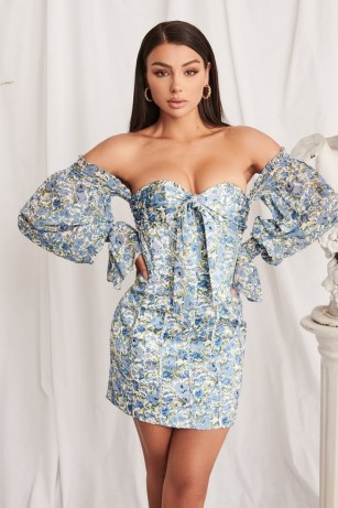 lavish alice chiffon and bonded satin balloon sleeve mini dress in blue floral ~ romance inspired party fashion ~ floral off the shoulder dresses