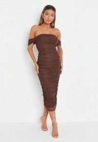 MISSGUIDED chocolate bardot ruched mesh midi dress ~ glamorous brown fitted off the shoulder dresses ~ party fashion