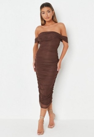 MISSGUIDED chocolate bardot ruched mesh midi dress ~ glamorous brown fitted off the shoulder dresses ~ party fashion - flipped