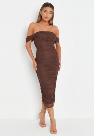 MISSGUIDED chocolate bardot ruched mesh midi dress ~ glamorous brown fitted off the shoulder dresses ~ party fashion