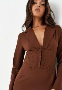 Missguided chocolate corset hook and eye tailored blazer dress | brown long sleeved corset waist mini dresses