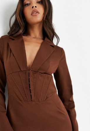 Missguided chocolate corset hook and eye tailored blazer dress | brown long sleeved corset waist mini dresses - flipped