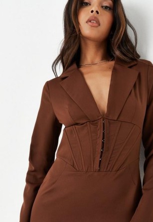 Missguided chocolate corset hook and eye tailored blazer dress | brown long sleeved corset waist mini dresses