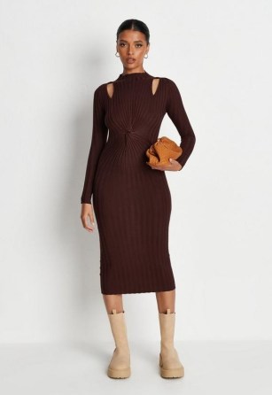 MISSGUIDED chocolate cut out twist front midaxi knit dress ~ dark brown on-trend cut out dresses - flipped
