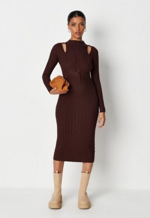 MISSGUIDED chocolate cut out twist front midaxi knit dress ~ dark brown on-trend cut out dresses