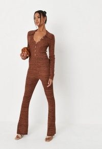 MISSGUIDED chocolate marl knit collared jumpsuit ~ chic brown retro jumpsuits ~ split hem