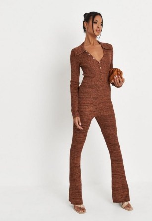 MISSGUIDED chocolate marl knit collared jumpsuit ~ chic brown retro jumpsuits ~ split hem - flipped
