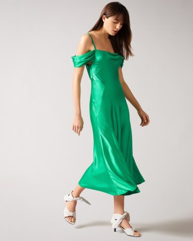 Ted Baker ESTA Cold Shoulder Cowl Front Midi Slip Dress – green luxe style party dresses - flipped