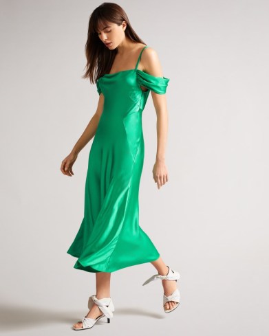 Ted Baker ESTA Cold Shoulder Cowl Front Midi Slip Dress – green luxe style party dresses