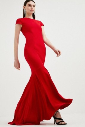 KAREN MILLEN Compact Viscose Fishtail Maxi Dress / long length mermaid hem occasion dresses / glamorous red scoop back evening fashion - flipped