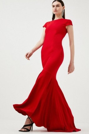 KAREN MILLEN Compact Viscose Fishtail Maxi Dress / long length mermaid hem occasion dresses / glamorous red scoop back evening fashion