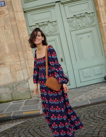 Boden Connie Smocked Maxi Dress / navy blue floral dresses / square neck / blouson sleeve fashion / a little boho / floaty bohemian look - flipped