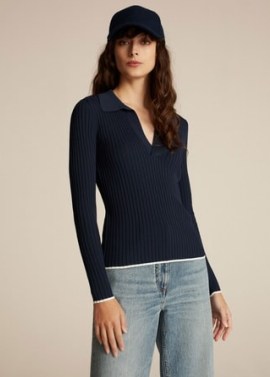 me and em Contrast Tipping Ribbed Polo Jumper Navy/Cream | woemn’s dark blue piped cuff and hem jumpers - flipped