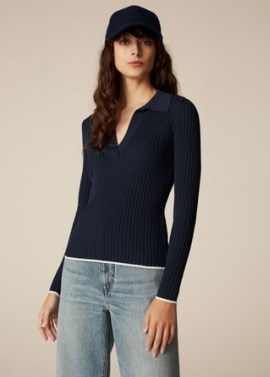 me and em Contrast Tipping Ribbed Polo Jumper Navy/Cream | woemn’s dark blue piped cuff and hem jumpers