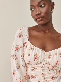 Reformation Cooper Top in Holiday – romantic floral print ruched bodice tops – romance inspired sweetheart neckline blouse
