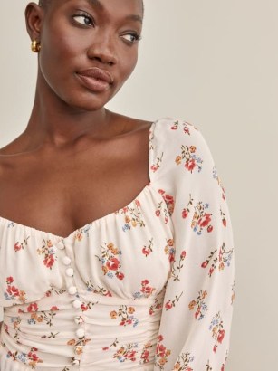Reformation Cooper Top in Holiday – romantic floral print ruched bodice tops – romance inspired sweetheart neckline blouse - flipped