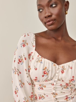 Reformation Cooper Top in Holiday – romantic floral print ruched bodice tops – romance inspired sweetheart neckline blouse