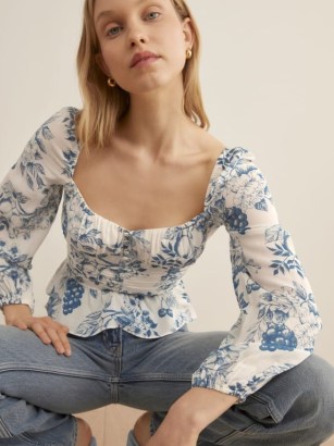 Reformation Cooper Top in Corsica | long sleeved peplum tops | ruched bodice fitted waist blouses | floral and fruit prints - flipped