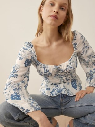 Reformation Cooper Top in Corsica | long sleeved peplum tops | ruched bodice fitted waist blouses | floral and fruit prints