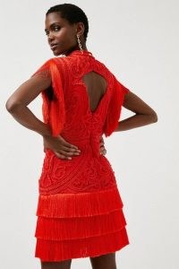 KAREN MILLEN Cornelli Embellished Fringed Woven Dress in Red / bright open back occasion dresses