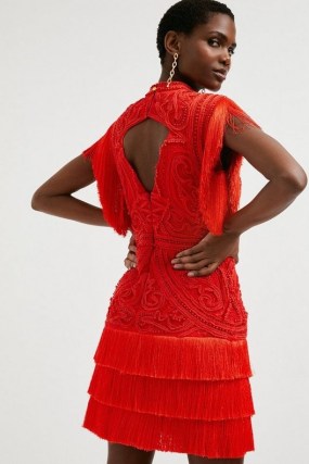 KAREN MILLEN Cornelli Embellished Fringed Woven Dress in Red / bright open back occasion dresses - flipped