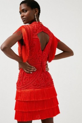 KAREN MILLEN Cornelli Embellished Fringed Woven Dress in Red / bright open back occasion dresses