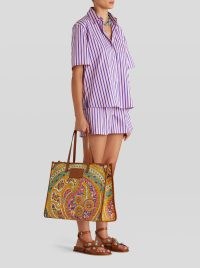 ETRO PAISLEY COTTON SHOPPING BAG ~ printed shoppers ~ leather trim tote bags