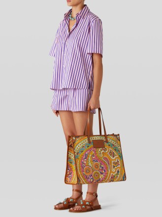 ETRO PAISLEY COTTON SHOPPING BAG ~ printed shoppers ~ leather trim tote bags - flipped